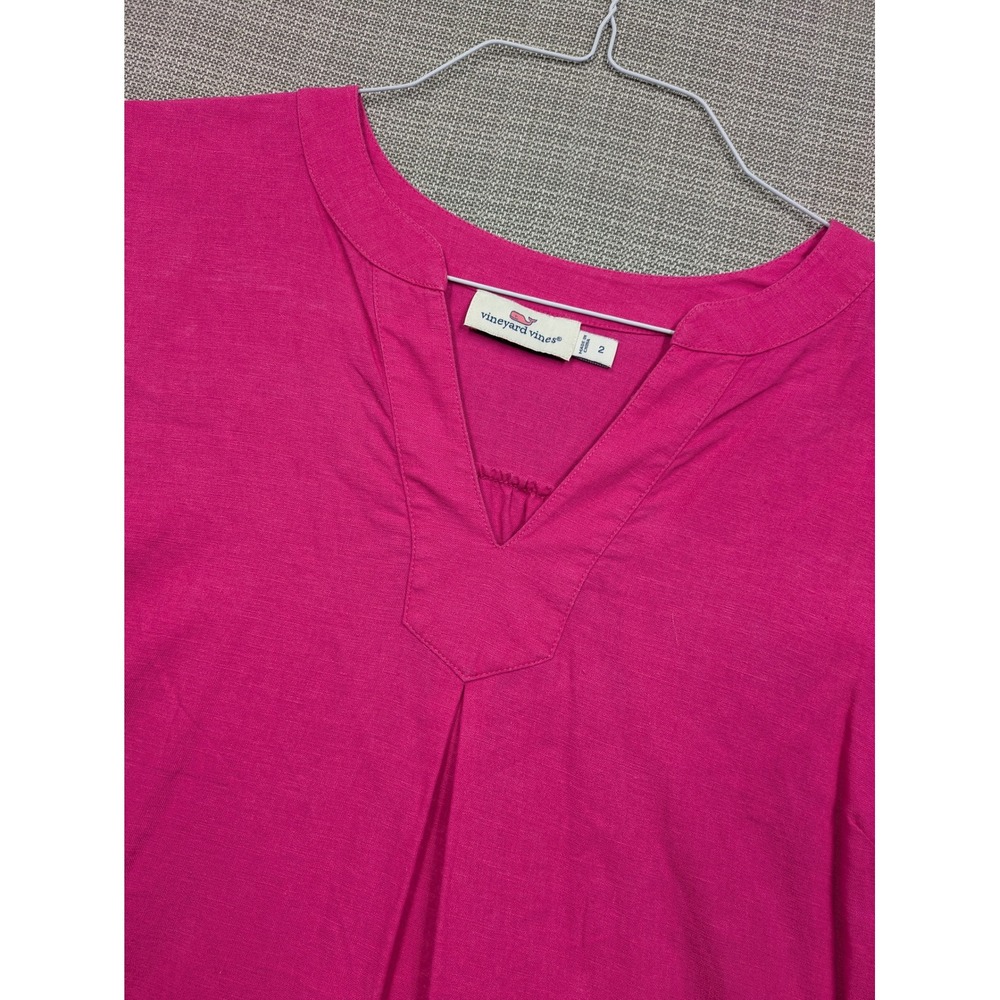 Vineyard Vines Pink Linen Blend Short Sleeve Split Neck Shift Dress Size 2